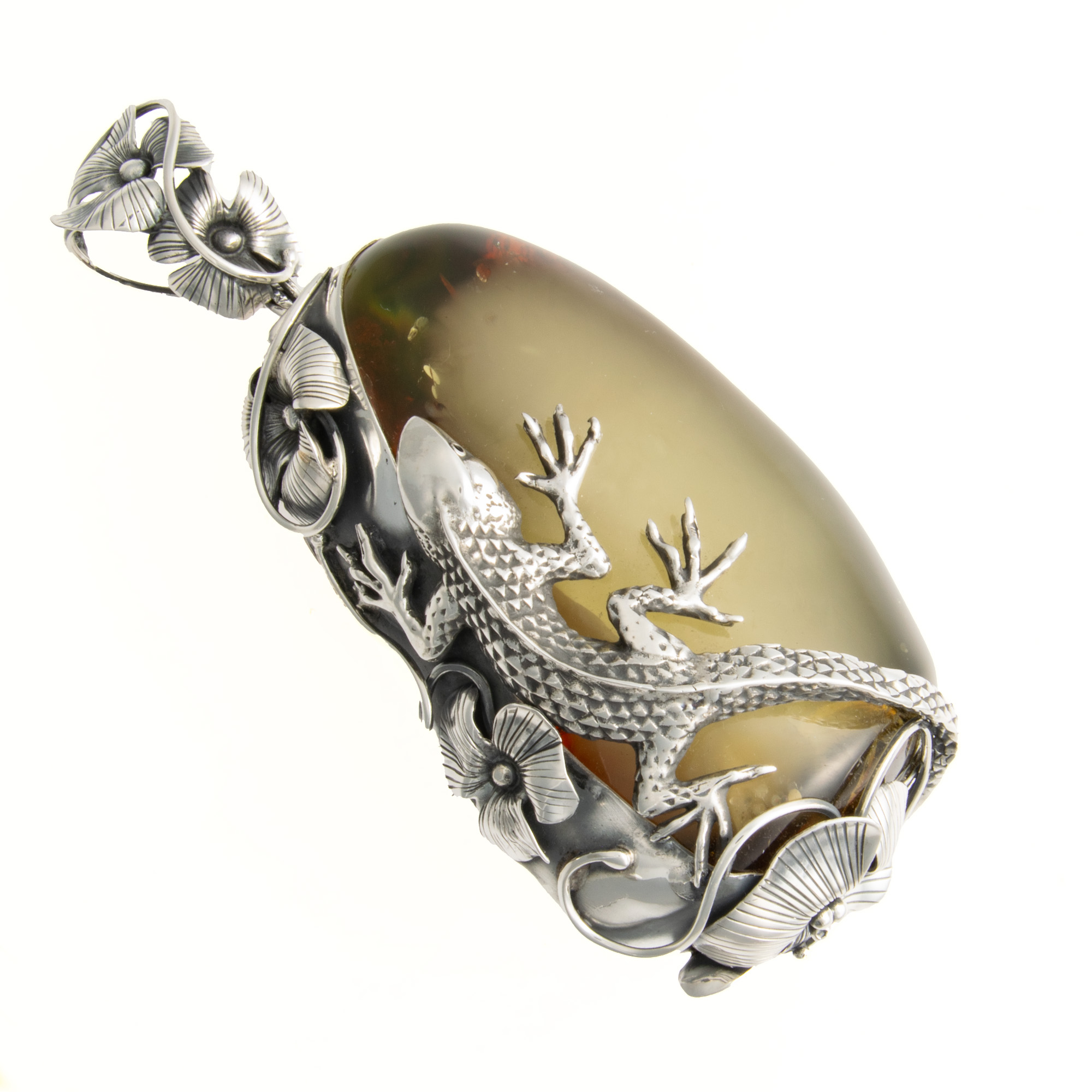 Huge Heavy Sterling Silver and Natural Baltic Amber Lizard Pendant 1
